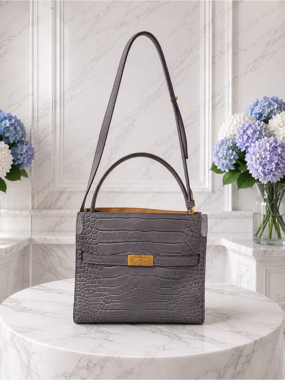 NWT Tory Burch Lee Radziwill Croc-Embossed Leather 2 Way Bag in Mineral Gray - Picture 4 of 16